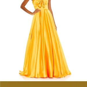 Elegant Yellow Evening Gown Mac Duggal 67995 Front Bow Strapless Sweetheart
